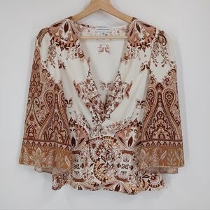 cupcakes & cashmere Cream and Brown Paisley Wrap Blouse